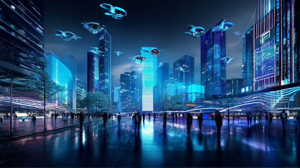 AI advertising command center in a futuristic city, showcasing the technology for precise audience targeting