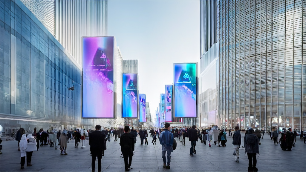 AI optimized advertising in a futuristic city, with robots analyzing pedestrian behavior and delivering targeted ads