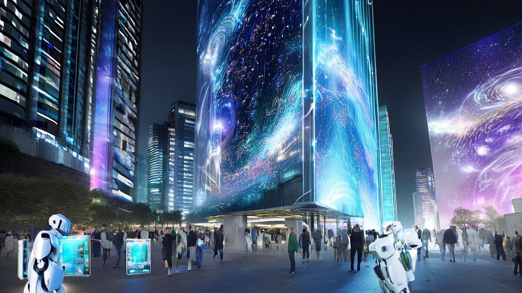 In a futuristic city, an intelligent robot holds a tablet displaying AI-optimized advertising data, attracting passersby, with satellites orbiting in the sky.