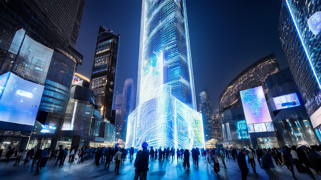 未来城市的AI优化广告投放场景，展示高科技广告塔和个性化购物体验