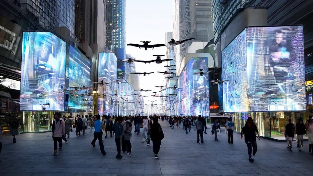 未来城市的街道上,AI生成的动态广告根据行人数据进行个性化展示,无人机携带广告牌精准传递信息。