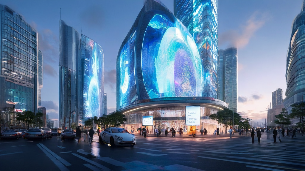 未来城市的AI优化广告投放场景,展示智能广告屏和无人驾驶汽车。