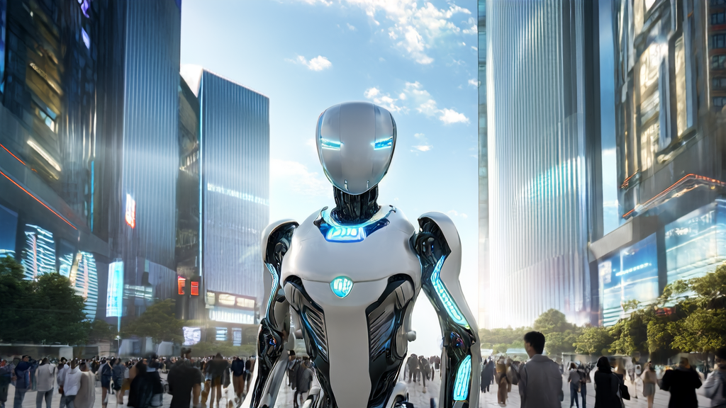 Smart robot interacting with pedestrians in a futuristic city, delivering personalized ads through conversational AI