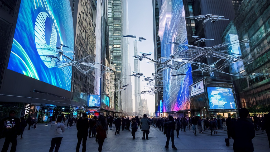 AI-optimized advertising in a futuristic city, showcasing high-tech ad screens and personalized ad recommendations