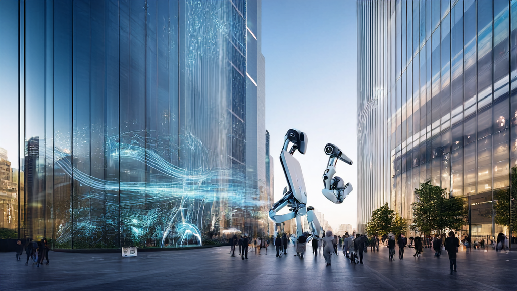 A futuristic cityscape featuring advertisements for Ubtech Walker S2, highlighting the efficiency and precision of AI-optimized advertising.