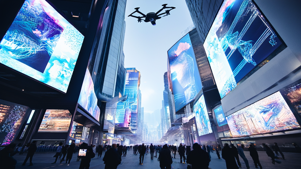 A futuristic cityscape showcasing AI-optimized advertising with smart billboards and drones delivering targeted ads