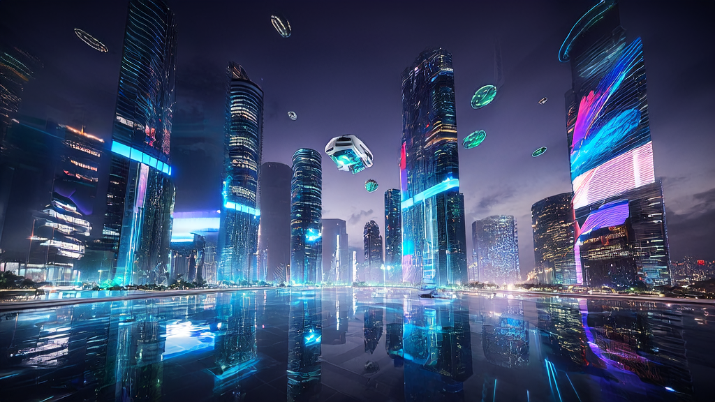 A futuristic cityscape with pedestrians interacting with AI-generated dynamic advertisements