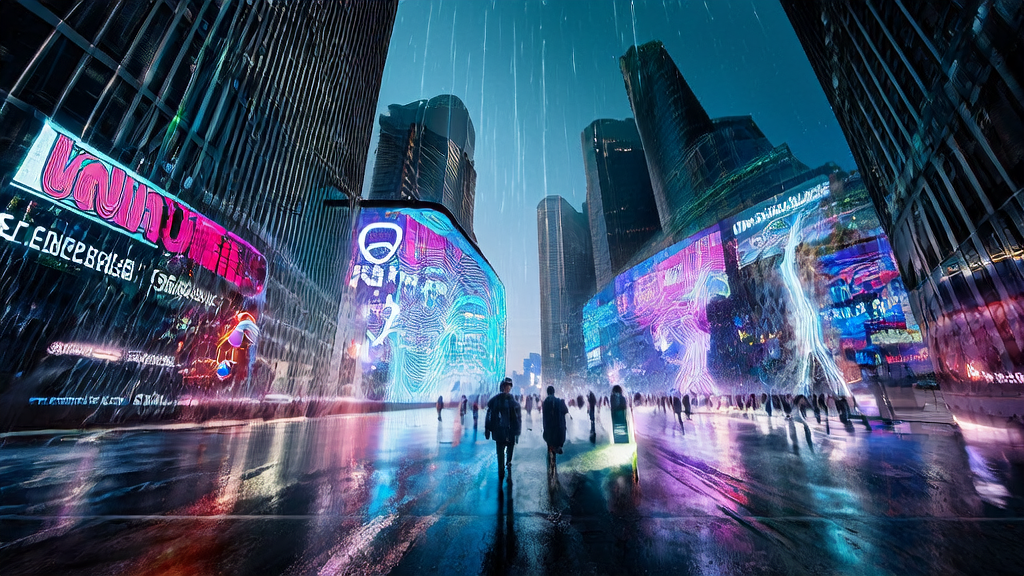 未来城市的AI优化广告投放场景，展示数据流和用户行为分析，背景为意大利勒令Meta暂停WhatsApp AI禁令的新闻报道