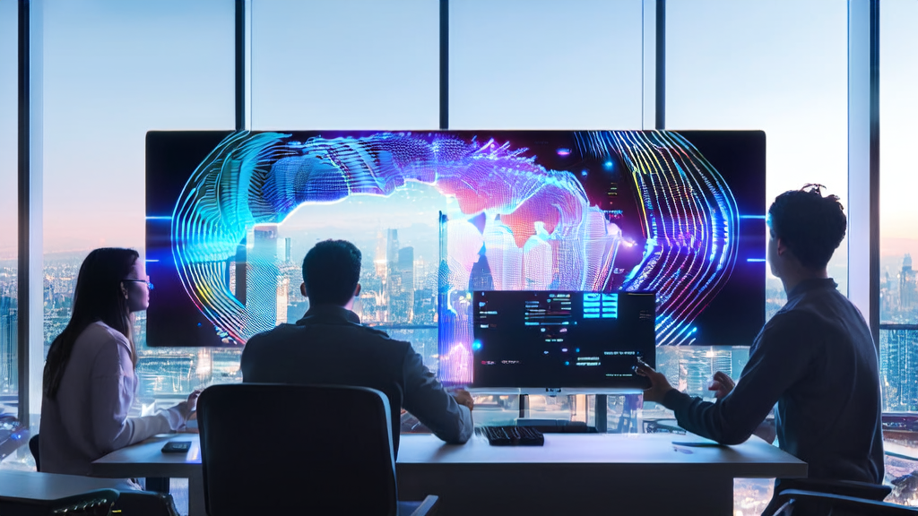 The future of targeted marketing through AI-optimized advertising, depicting a modern office where programmers use complex algorithms to refine ad placement.