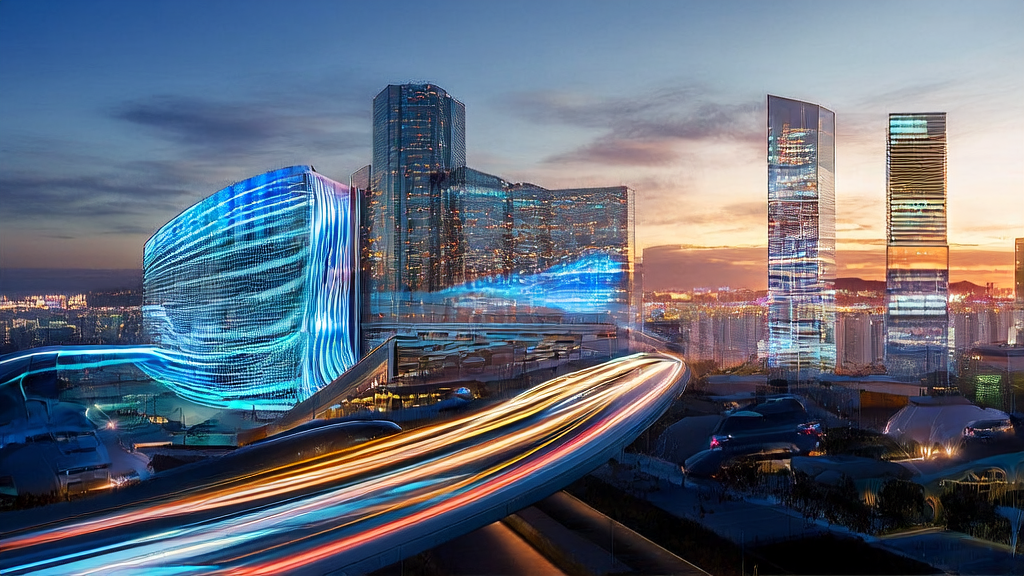 A scene of AI-optimized advertising in a futuristic city, with a data analyst monitoring ad performance through a transparent screen