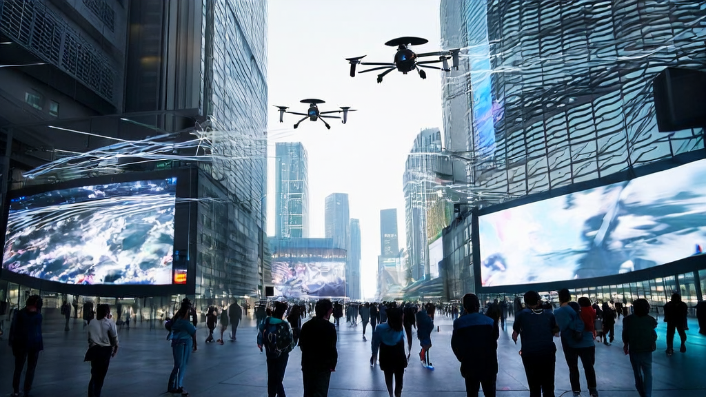 A futuristic cityscape showcasing AI-optimized advertising, highlighting precise audience targeting and reduced CPA