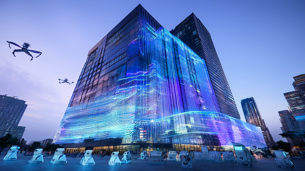 A futuristic city scene showcasing how AI technology helps advertisers reach target audiences more precisely and reduce CPA.