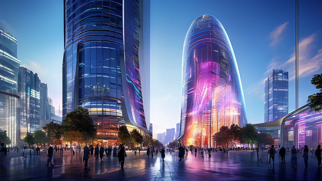 未来城市的街头，通过AI技术优化的广告吸引路人，智能机器人助手提供个性化购物建议