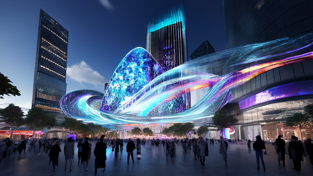 Futuristic city square with large digital screens displaying personalized ads and a transparent AI control panel