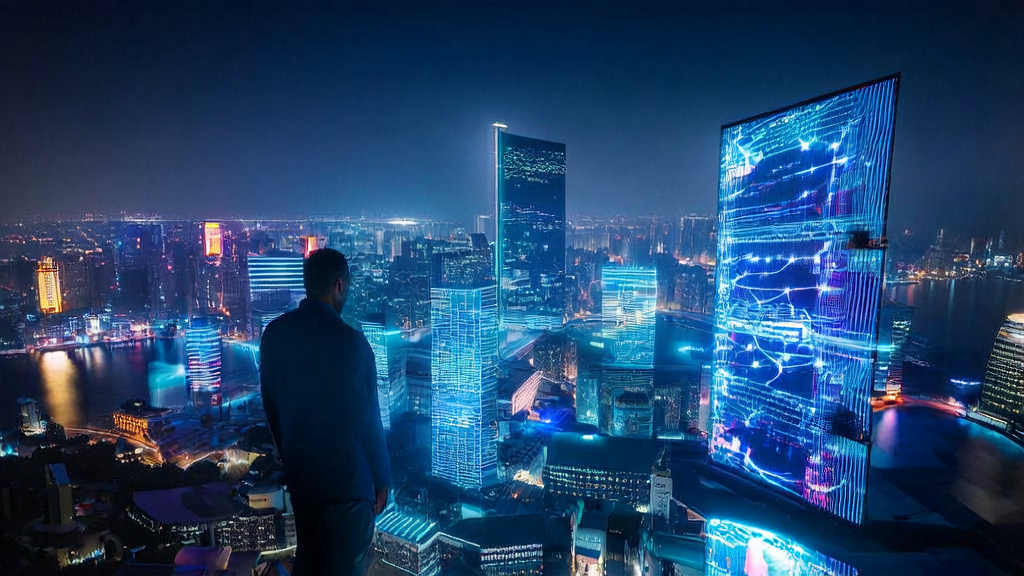 A futuristic cityscape showcasing AI-optimized advertising, including a data analyst, dynamic ad screens, and drone deliveries