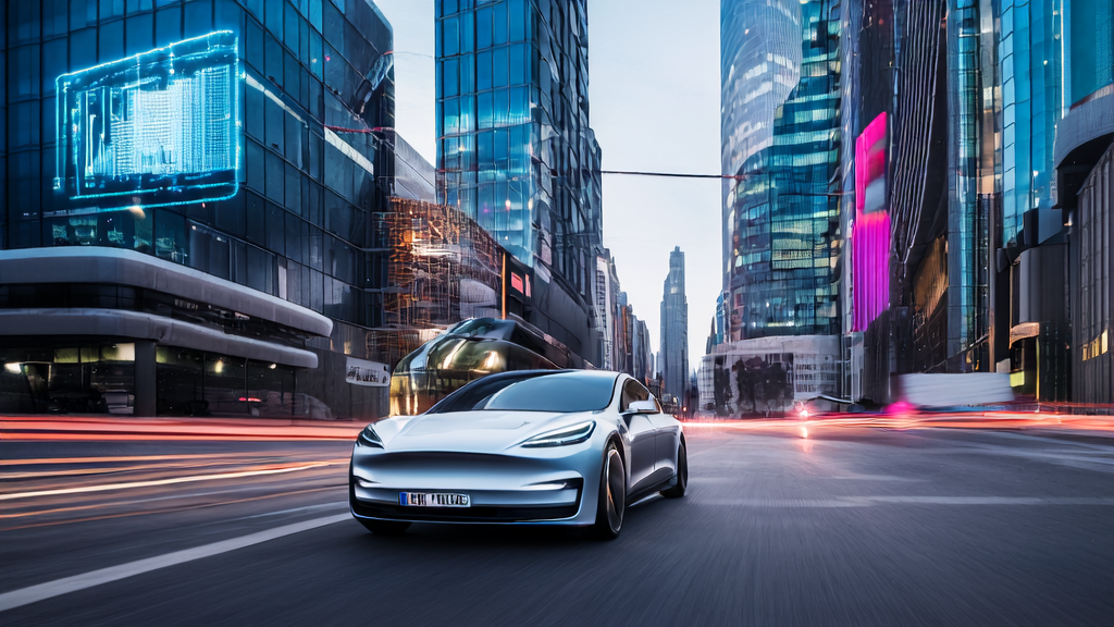 Futuristic cityscape showcasing self-driving taxis and AI-optimized advertising applications