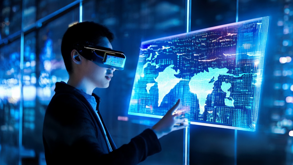 In a futuristic office, an advertising planner views ad campaign data through Doudou AI glasses, surrounded by smart devices and personalized ad displays.