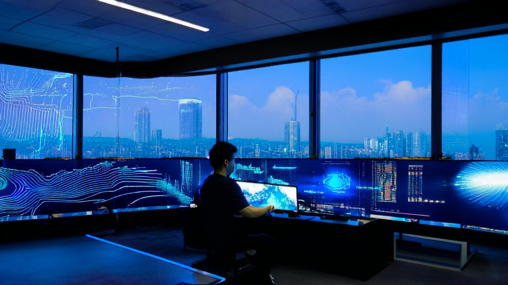 现代化办公室内，程序员们利用AI技术优化广告投放，精准触达目标人群并降低CPA。