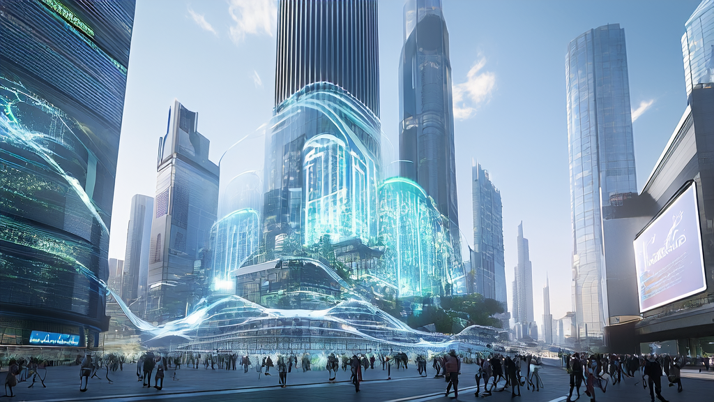 未来城市的AI技术展示，强调AI优化广告投放和Vibe Thinker的应用