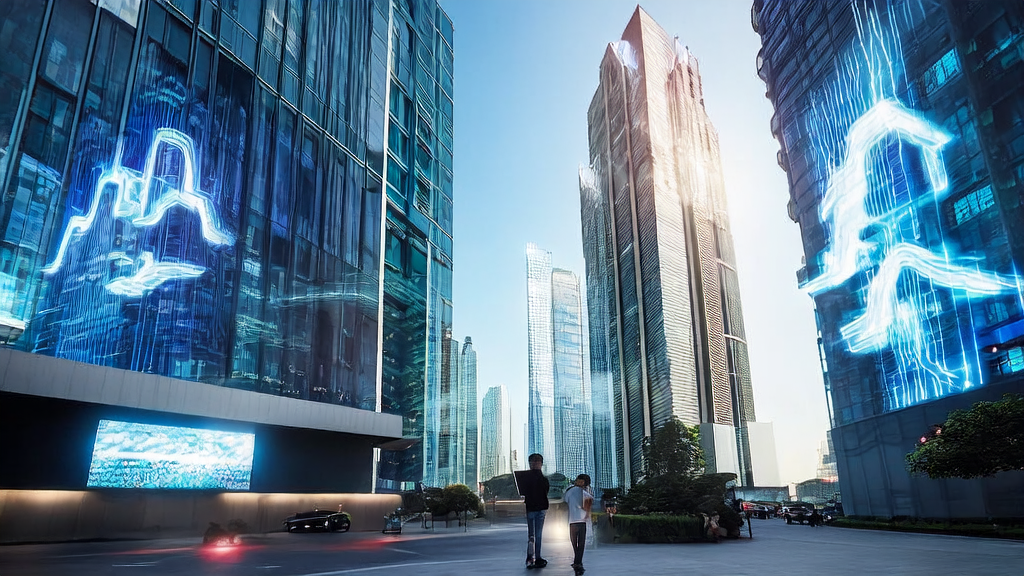 Scene of AI-optimized advertising in a futuristic city, showcasing smart billboards and an entrepreneur's interaction