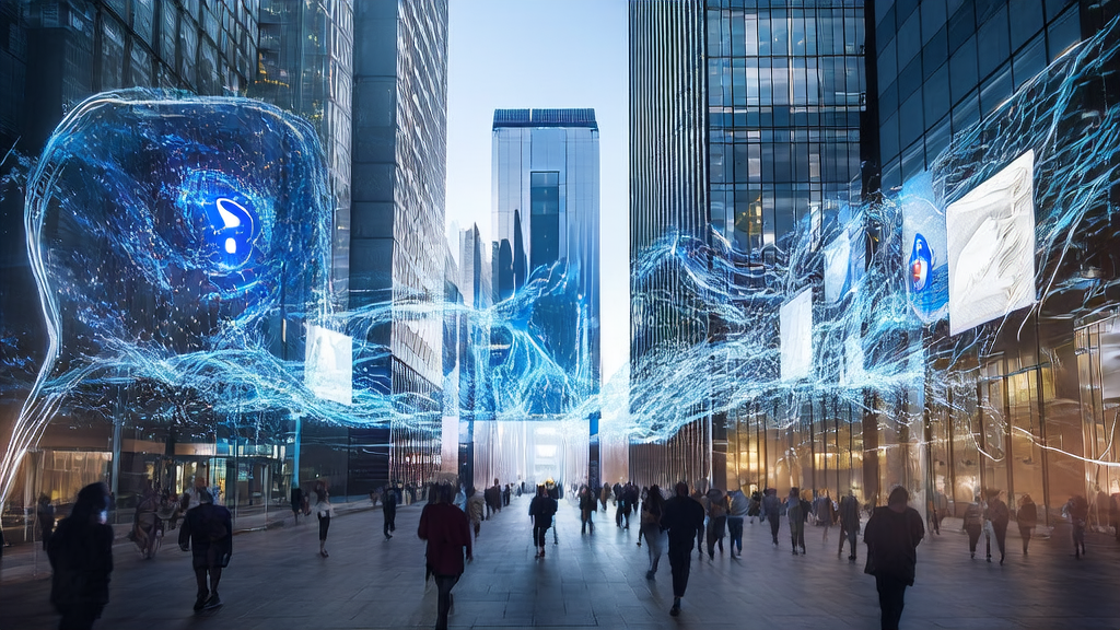 Scene of AI-optimized advertising in a futuristic city, featuring smart billboards and the Norton Neo browser logo