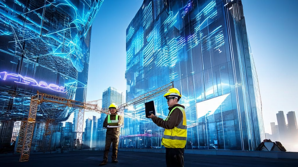 年轻建筑工人使用AI工具进行精确测量和设计,背景为城市天际线和AI优化投放的广告牌。