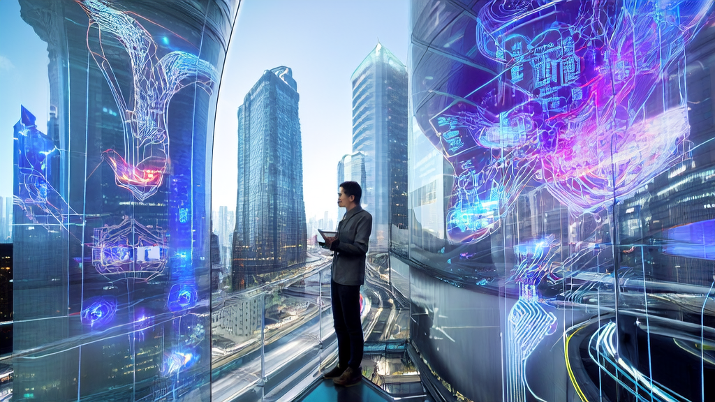 未来城市的中心，创业者使用AI技术优化广告投放，实现低成本高转化