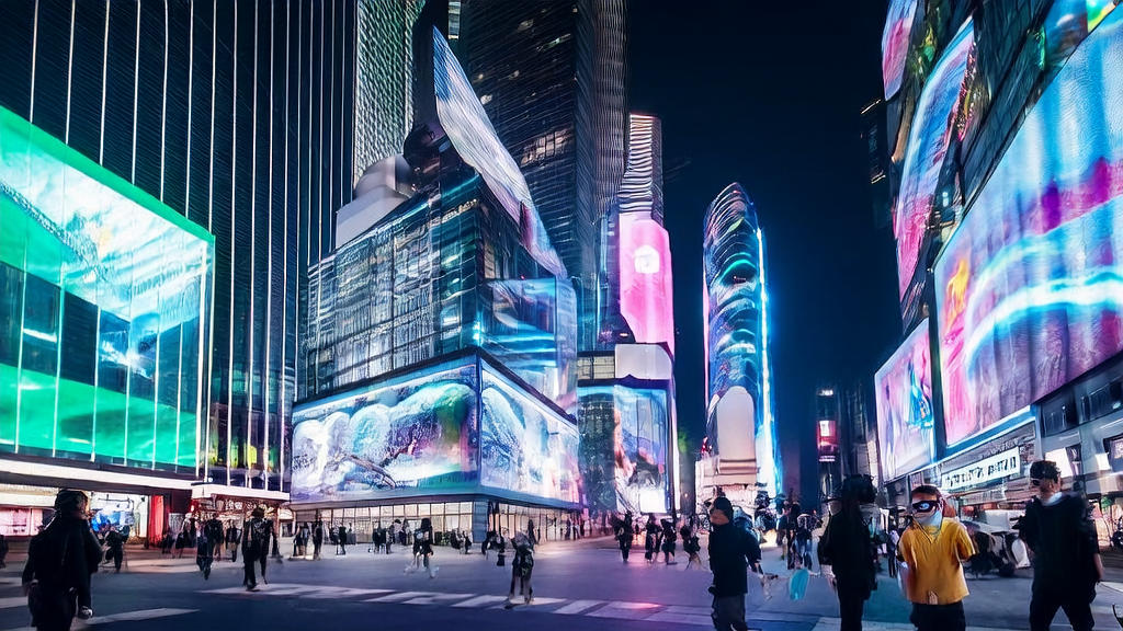 A bustling street in a future city where people use Ali Quark AI glasses for payments, and AI-optimized ads display clear images even at night