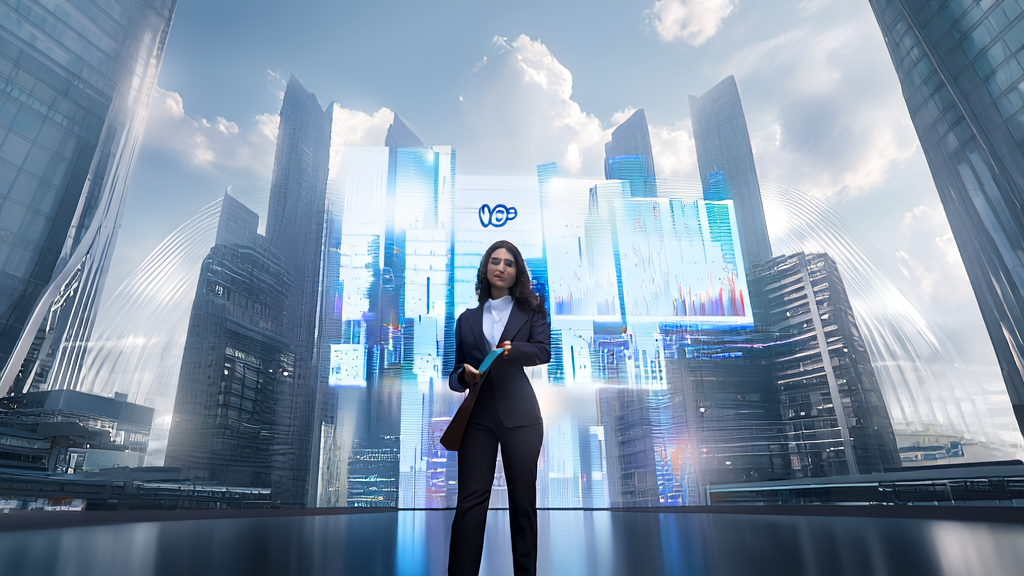 在未来城市中，一位职业女性正在使用AI技术优化广告投放策略