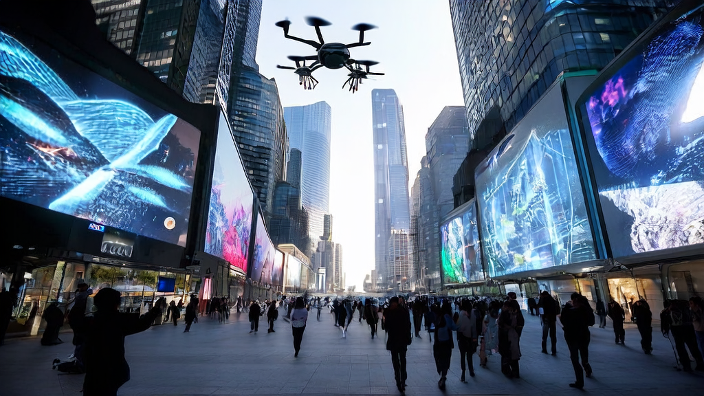 未来城市的街道上,巨大的高科技广告牌展示着AI优化的广告,人们手中的设备与广告互动,无人驾驶的宣传无人机在空中飞行。
