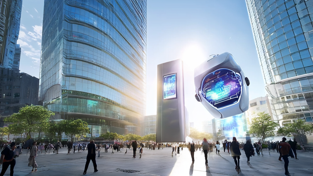 未来城市中AI优化广告投放的场景，展示了智能机器人和个性化广告屏幕。