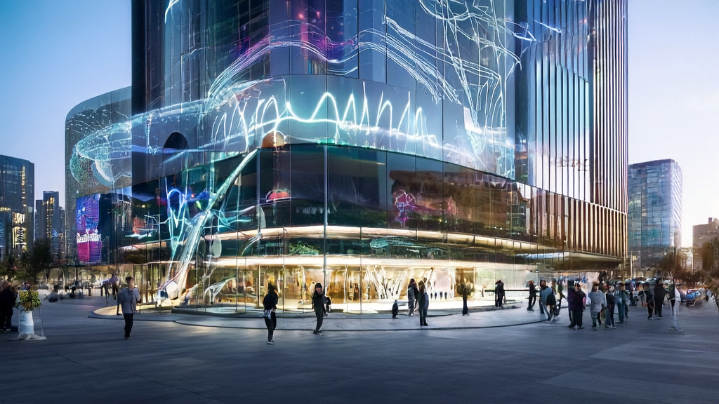 In front of a modern office building in a future city, dynamic AI-optimized ads are displayed on a large screen, changing in real-time based on passerby characteristics to deliver personalized product information.