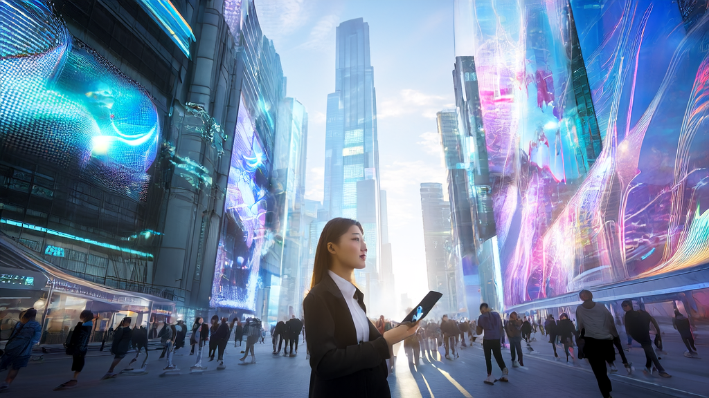 In a futuristic city, a marketing specialist uses AI to optimize ad placements, achieving cost efficiency and broader market reach