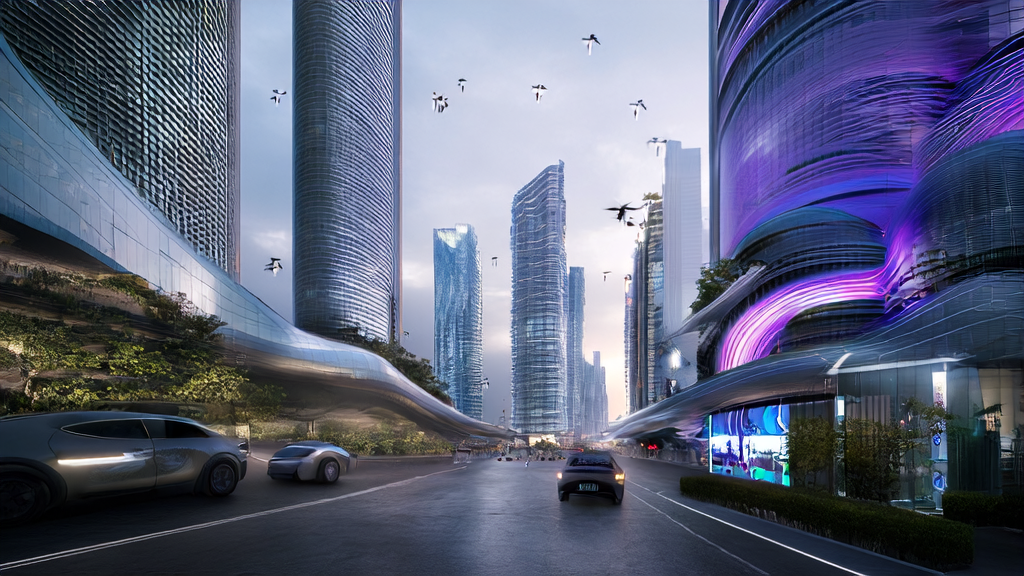 未来城市的AI优化广告投放:高楼大厦、自动驾驶汽车、动态广告屏和智能传感器