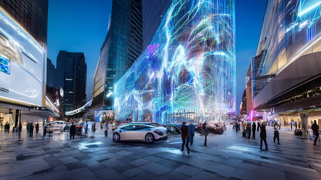 未来城市中的AI优化广告投放场景，包括无人驾驶汽车、AI停车雷达和智能机器人