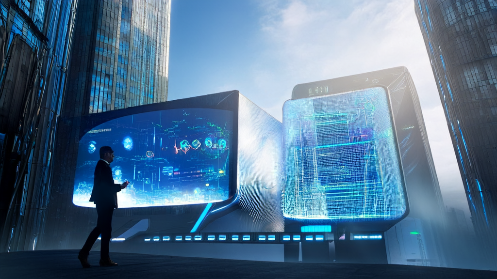 In a futuristic city, a businessman uses AI-optimized advertising and an open-source browser control tool to achieve precise marketing