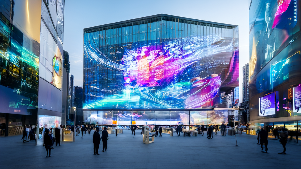 In a futuristic city, AI-optimized advertising dynamically adjusts ad content in real-time based on pedestrian behavior, ensuring precise targeting of potential customers.