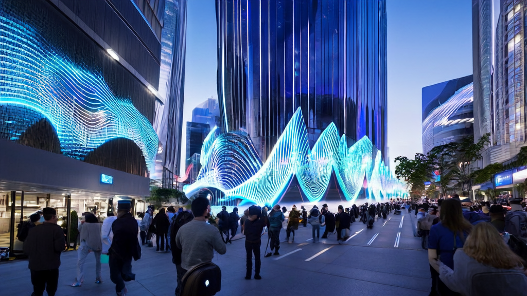 在繁华的城市中心,AI助手向路人介绍如何通过AI优化广告投放,屏幕展示Fish Audio S1语音克隆模型。