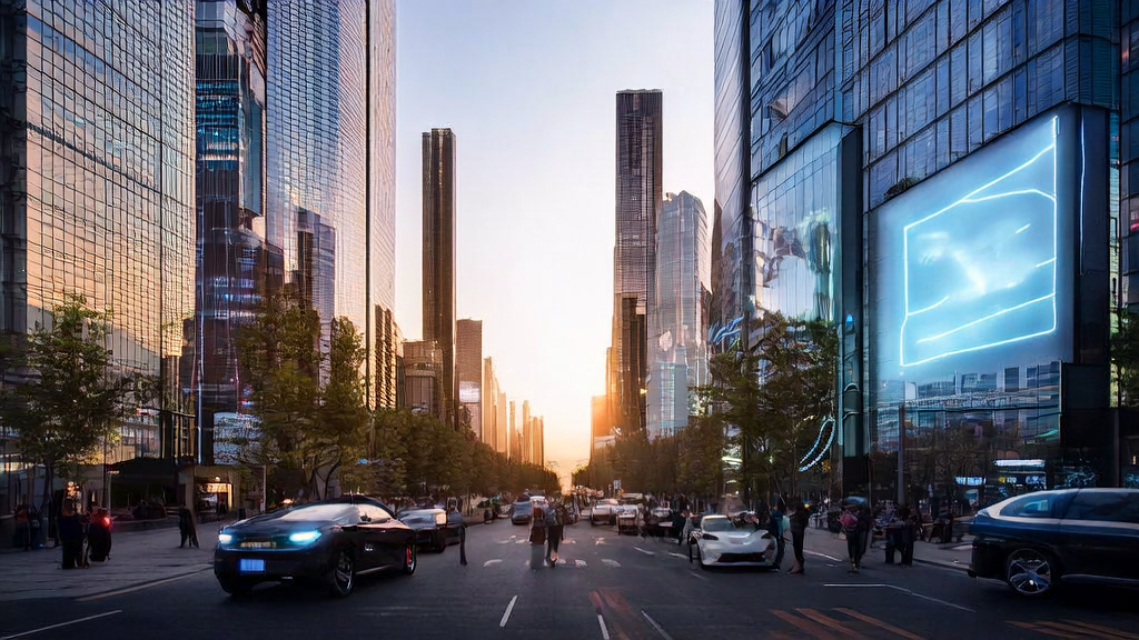 Scene of AI-optimized advertising in a modern city