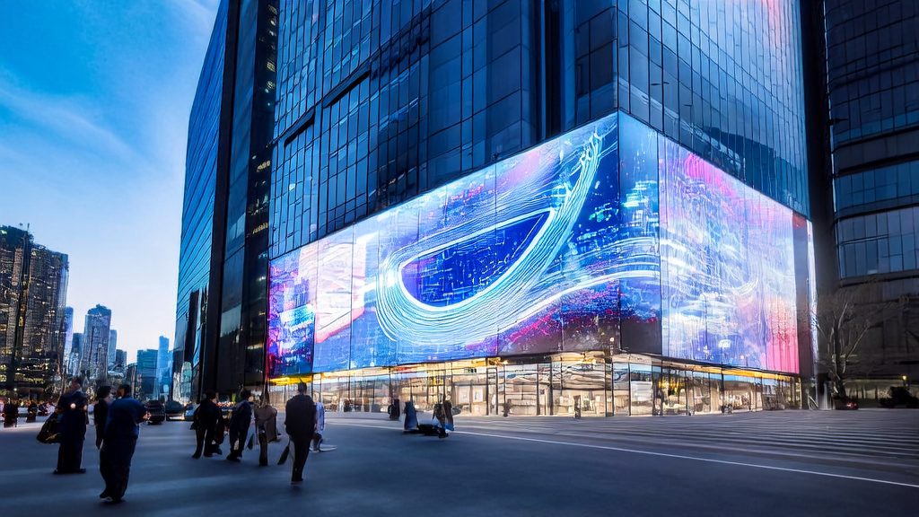 在高楼林立的城市中，AI优化广告投放系统正在精准推送个性化广告给行人。