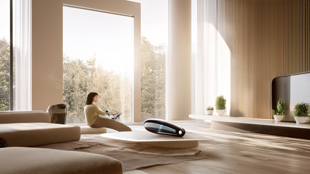 In a sunny morning, AI home devices and desktop robots in a modern villa display personalized ads