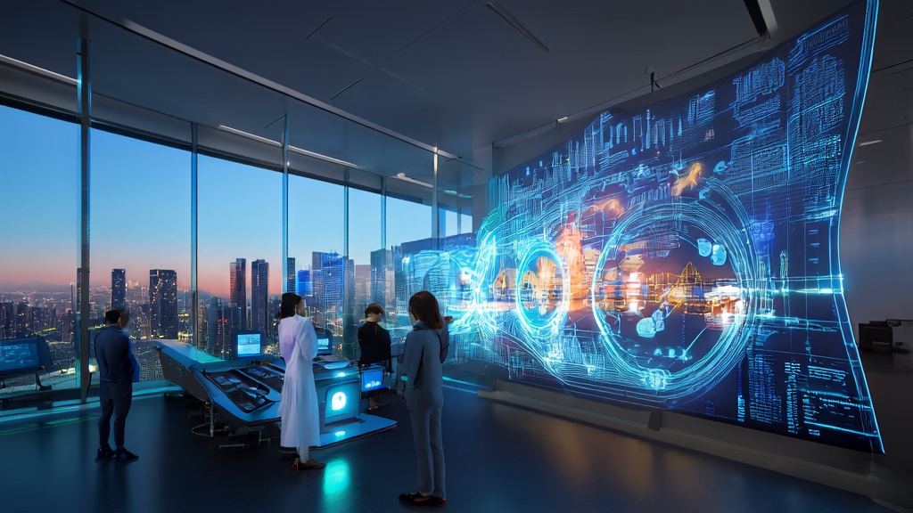 现代化办公室中数据科学家使用AI优化广告投放，屏幕上显示复杂算法和用户行为分析，背景为繁华城市景象