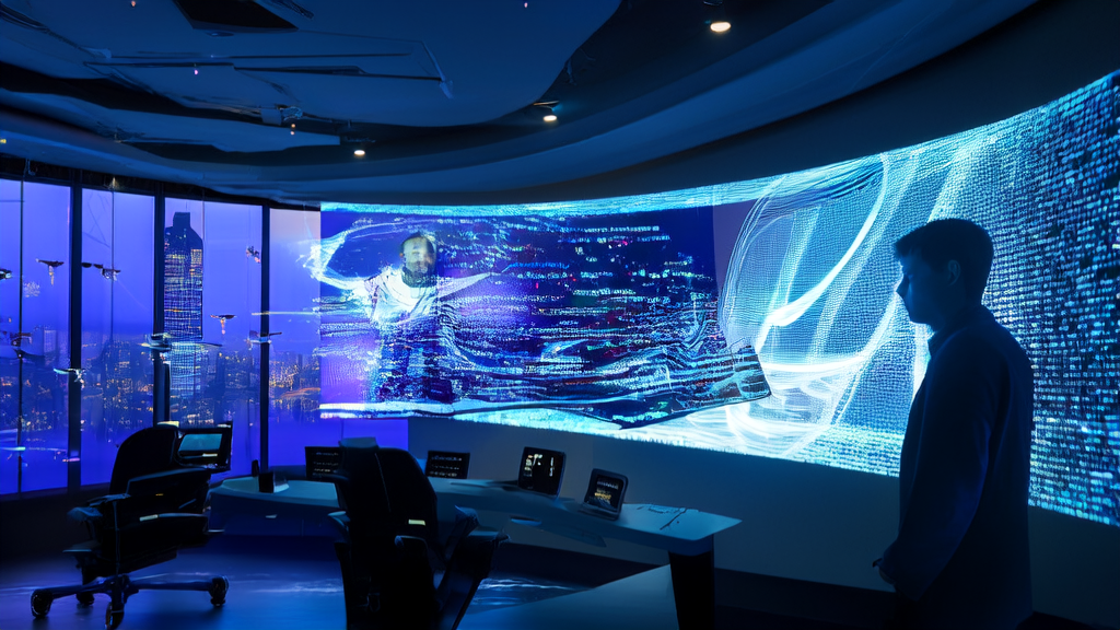 在充满科技感的办公室中，程序员们利用AI技术优化广告投放策略，提高精准度并降低成本。