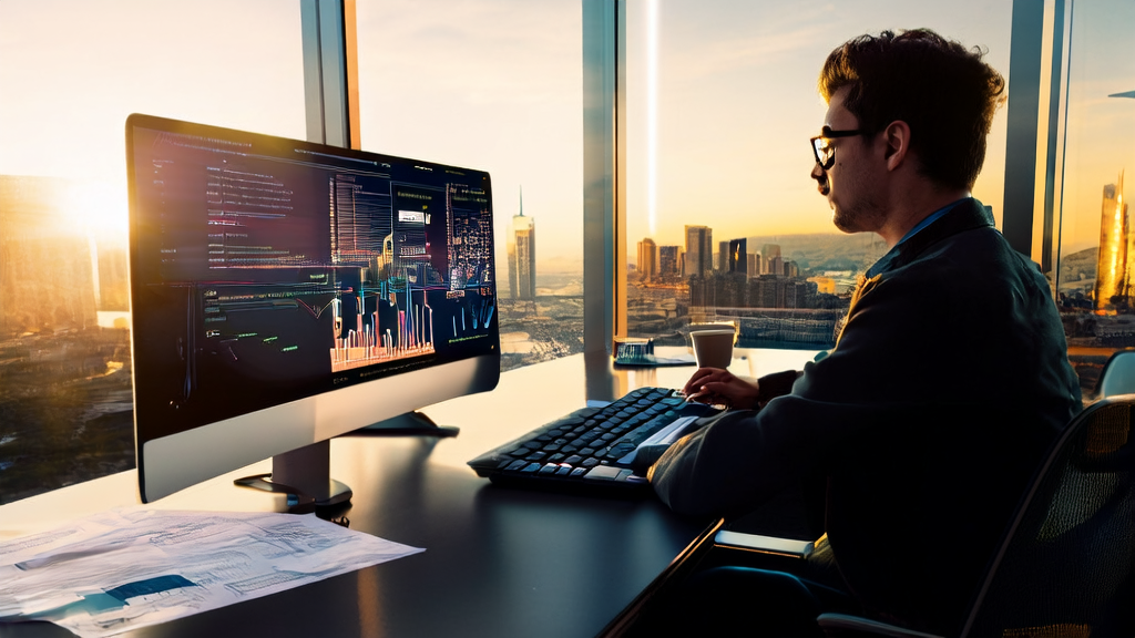 A young entrepreneur in a modern office is using Adobe Firefly to optimize ad placements, with a city night view in the background.