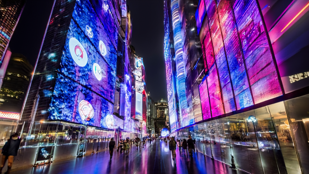 AI-optimized advertising in a futuristic city, showcasing the technological innovations and future prospects of AI in advertising