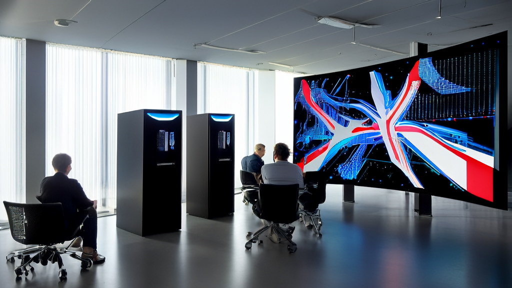 数据科学家们在办公室里使用AI技术优化广告投放,背景是英国国旗和AI芯片海报。