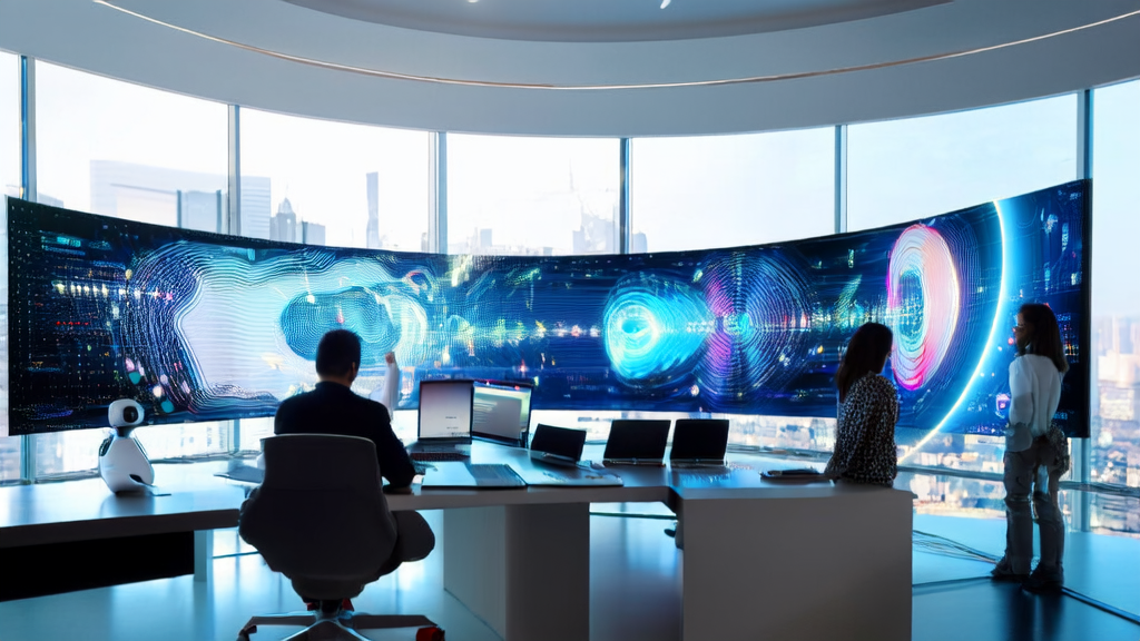 In a modern office, data scientists are using AI technology to optimize advertising strategies, with a bustling cityscape outside the window.