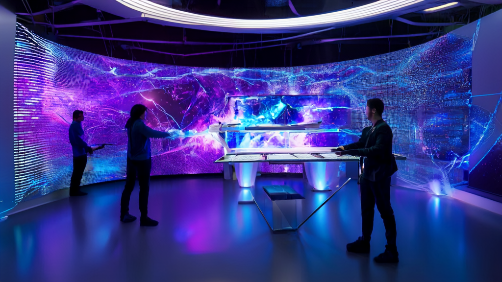 A futuristic office where engineers are operating an AI-optimized advertising system, showcasing the latest features of Google Mixboard.