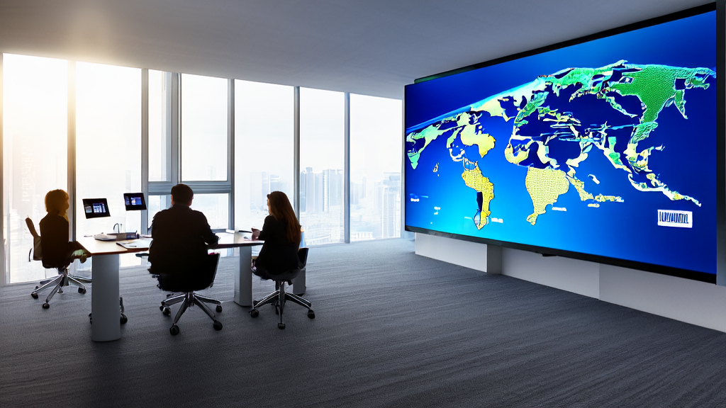 Data scientists in a modern office using the AI code editor "Z Code" to optimize advertising, with sunlight streaming through the windows and a world map on the wall.