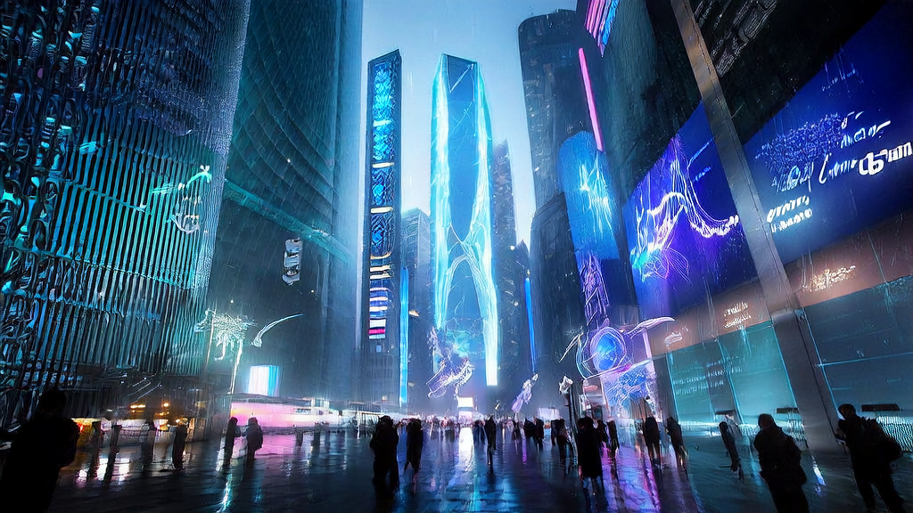 未来城市中的AI优化广告投放实时监控中心，展示广告投放效果和市场动态